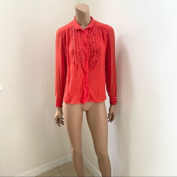 Celine Paris Vintage Red Silk sequins stripes detail Button Blouse S - Picture 4 of 12